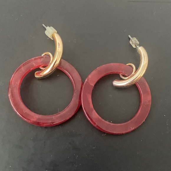 Lightweight Gold and red acrylic drop circle hoop earrings (3 for $25) - Picture 1 of 3